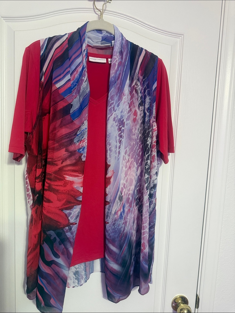 NWOT Susan Graver Red T Shirt with multicolor vest